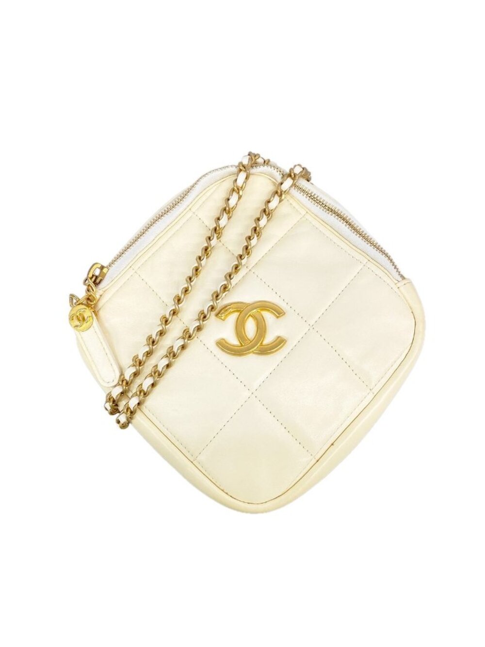 Chanel Shoulder Bag Quilted Lambskin White Gold